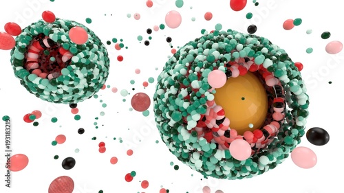 3d illustration of abstract atomic or molecular structures showing several layers or shells of particles around cores and flying spores as a background image. Microcosm Series