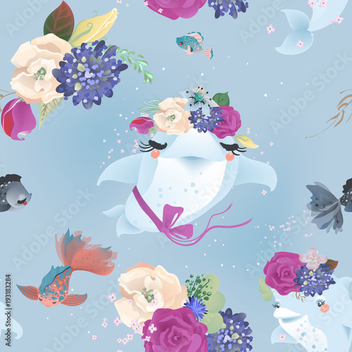 Beutiful seamless pattern with a dolphins in floral, flowers wreaths, bouquets, tied bow and fish. Underwater fantasy animals