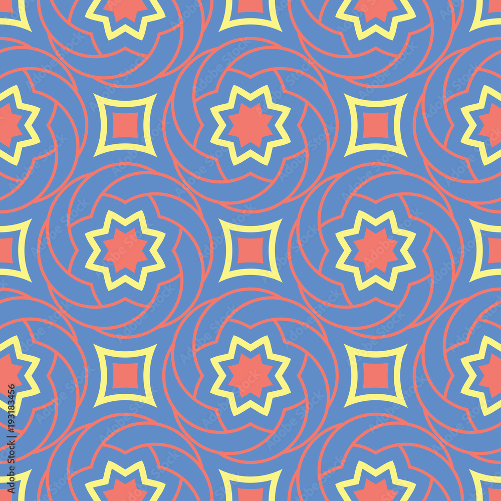 Geometric seamless pattern. Blue background with red and yellow design Geometric seamless pattern. Blue background with red and yellow design