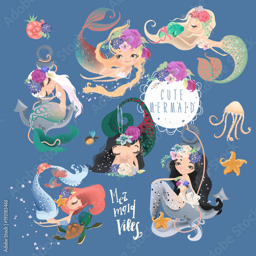The set of cute, beautiful mermaids in floral, flowers wreaths, bouquets, tied bow and seashell, jellyfish, crab and starfish