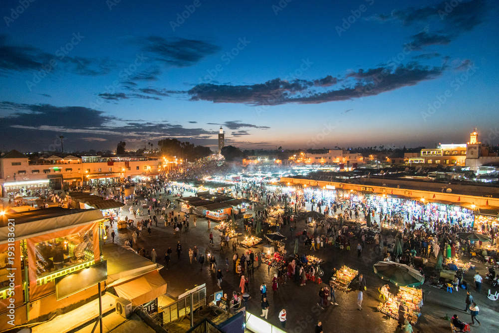 Famous Moroccan market square Jamaa el Fna in Marrakesh medina quarter, called also Jemaa el-Fnaa, Djema el-Fna or Djemaa el-Fnaa Famous Moroccan market square Jamaa el Fna in Marrakesh medina quarter, called also Jemaa el-Fnaa, Djema el-Fna or Djemaa el-Fnaa