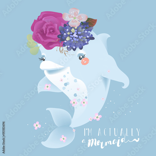 Cute and beautiful dolphin in floral, flowers, wreath, bouquet