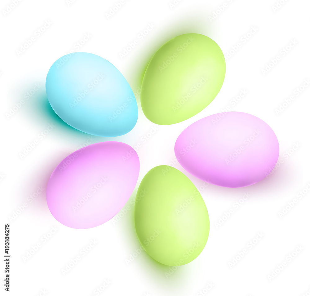 Five realistic pastel easter eggs with shadows isolated on white background. Premium vector illustration.