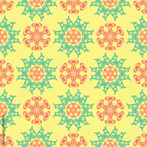 Floral seamless pattern. Bright colored background with pink and green flower elements
