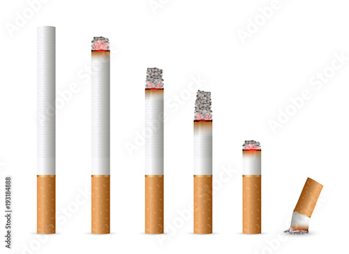 Creative vector illustration of realistic cigarette set isolated on transparent background. Art design different stages of burn. Abstract concept graphic element