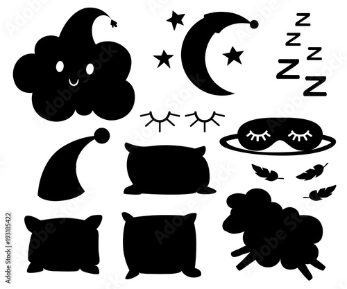 Set of black silhouettes objects for sleep cap for dream pillow different colors lamb cloud moon bandage for eyes on white background vector illustration web site page and mobile app design