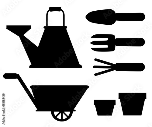 Set of black silhouettes objects for garden iron watering can shovel flower pots rake on white background vector illustration web site page and mobile app design