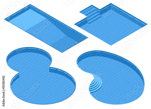 Isometric Set Different Forms Swimming Pools. Rectangular, Square, Double Round, Oval Pool.