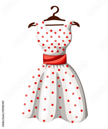 Polka dot dress white dress in red dotted with red belt hanging on wooden hanger vector illustration isolated on white background web site page and mobile app design
