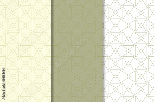 Olive green and white geometric ornaments. Set of seamless patterns