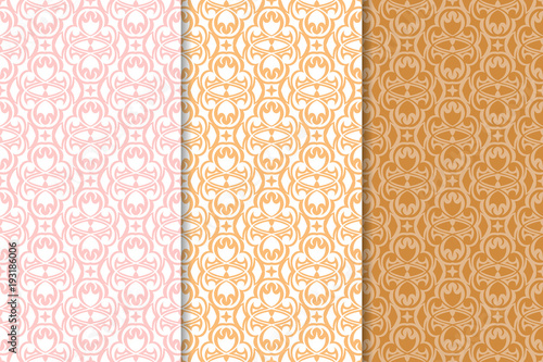 Set of floral ornaments. Orange vertical seamless patterns