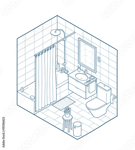 Isometric illustration of bathroom. Hand drawn interior view.