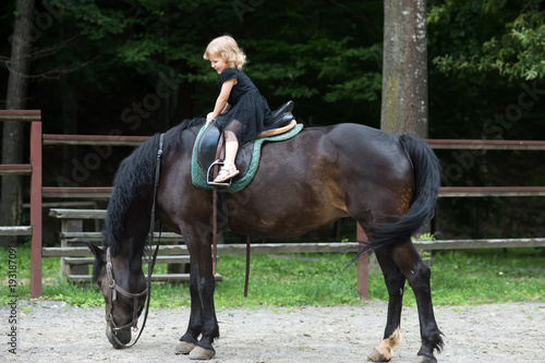 Child smile in rider saddle on animal back