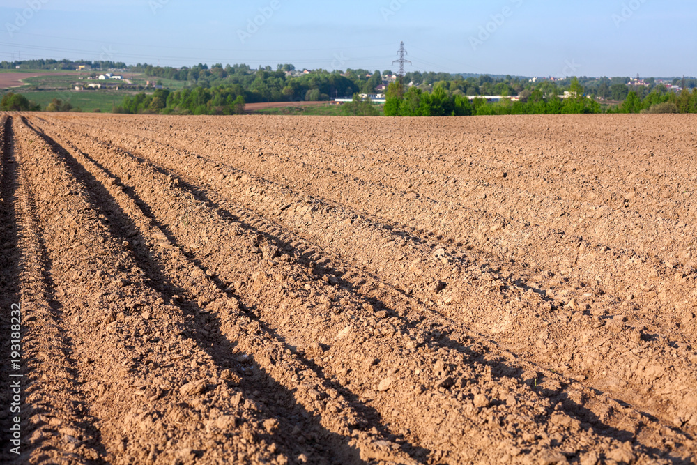 The plowed field at spring season, brown earth with seed furrows The plowed field at spring season, brown earth with seed furrows