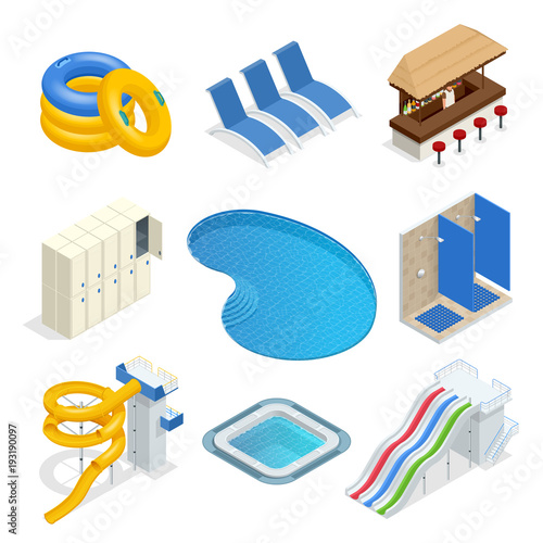 Isometric water park attractions vector icon set with inflatable swimming circles, sun beds, locker room, lockers, pool, bar, shower, slide. Aqua park flat isometric design elements.