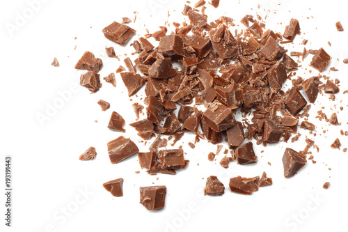 milk chocolate shavings isolated on white background top view