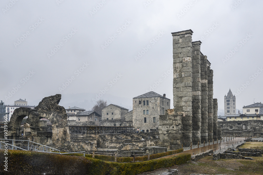 Ruins of old Roman theatre built in the late reign of Augustus in Aosta, Italy, some decades after the foundation of the city