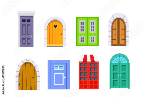Set entrance door front view. homes and buildings vector element in cartoon style.