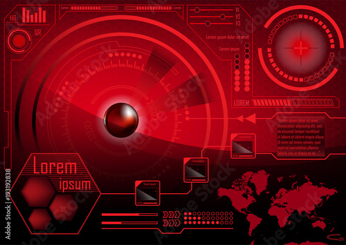 HUD GUI Radar monitor screen. Futuristic game technology outer space background. Red User interface world map  business abstract infographic template. Vector.