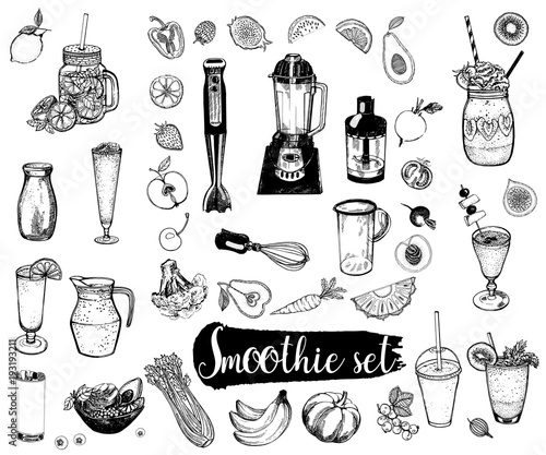 Set of hand drawn sketch style smoothie with fruits, vegetables and kitchenware. Isolated vector illustration.