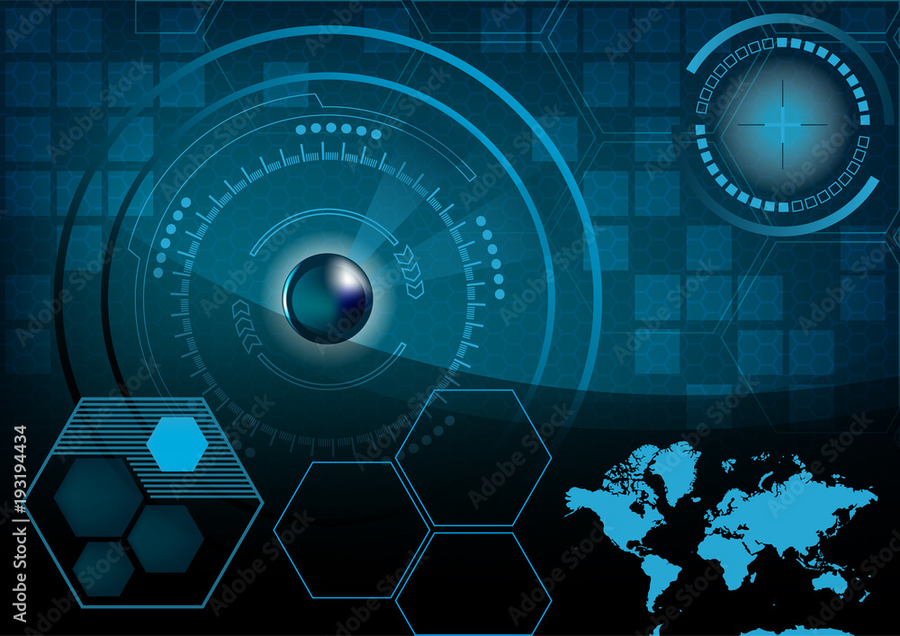 Obraz premium HUD GUI Radar monitor screen. Futuristic game technology outer space background. User interface world map, business abstract infographic template. Vector.