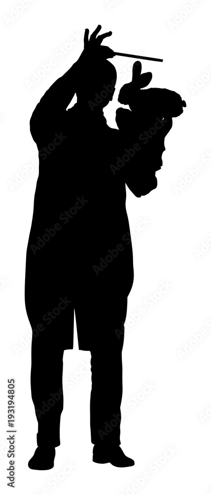 Magician performing trick with rabbit, vector silhouette illustration isolated on white background. Magic performer illusionist. Live rabbit It disappears and rises.
