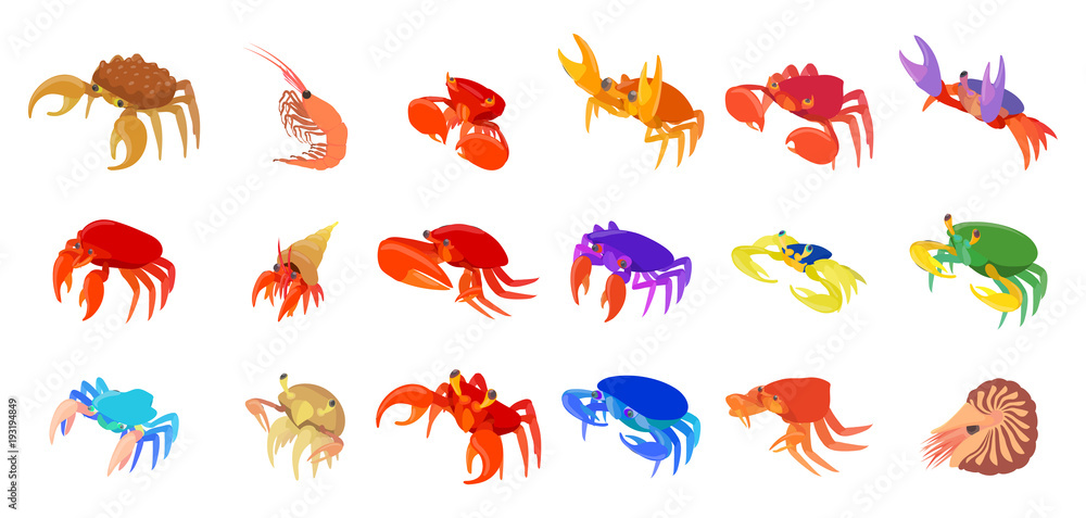 Crabs icon set, cartoon style