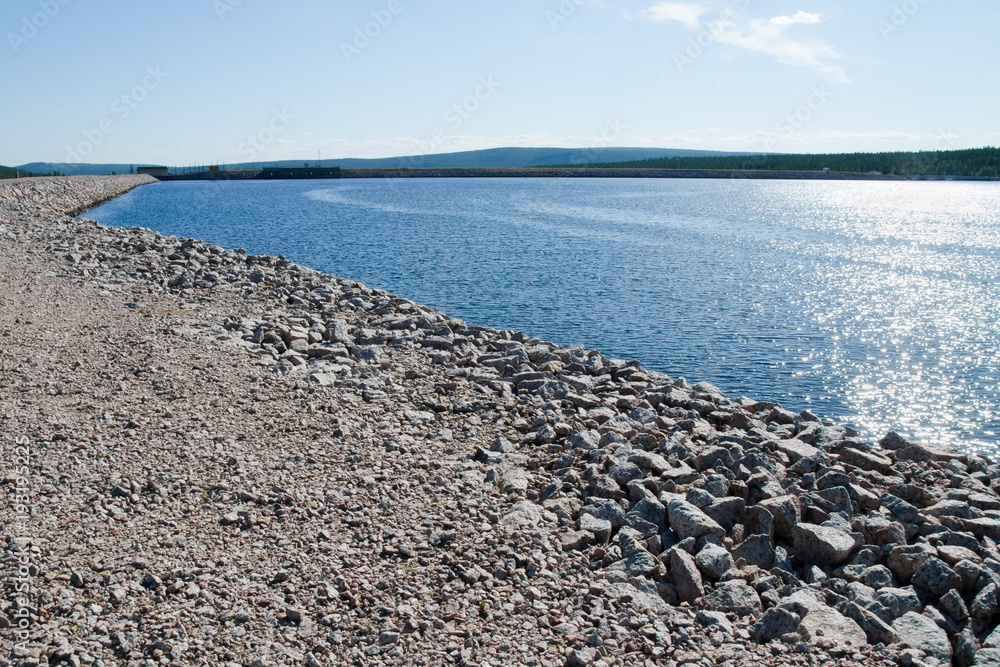 Water reservoir, dam of Porjus hydropower plant, Lapland, Jokkmokk, Sweden