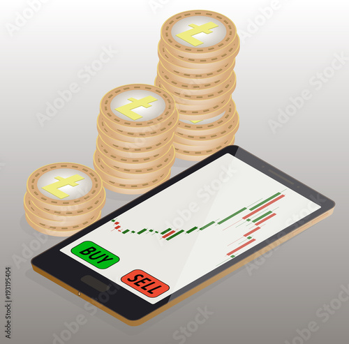 coins litecoin to the left of the phone