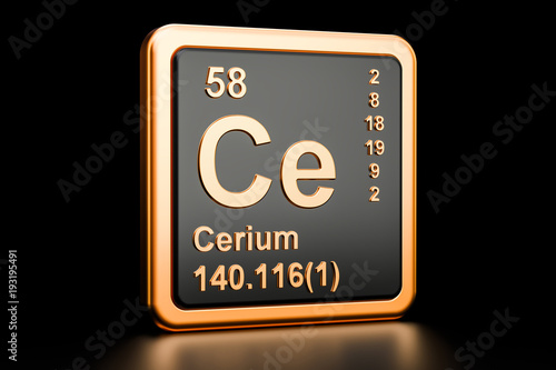Cerium Ce chemical element. 3D rendering