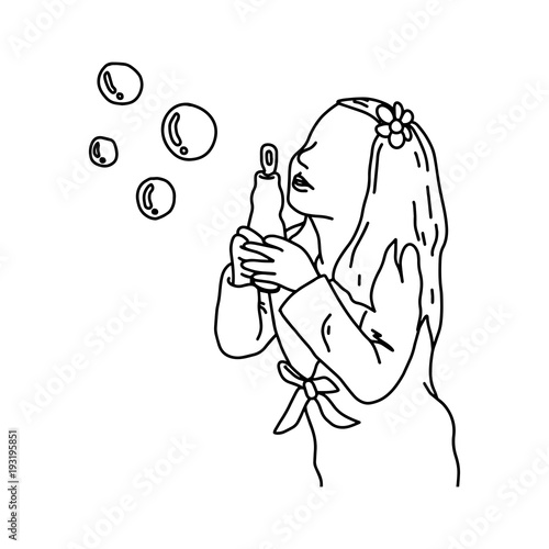 cute girl blowing bubbles vector illustration sketch hand drawn with black lines, isolated on white background