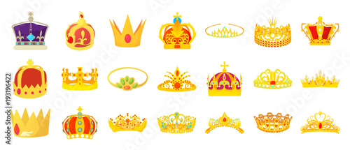 Crown icon set, cartoon style