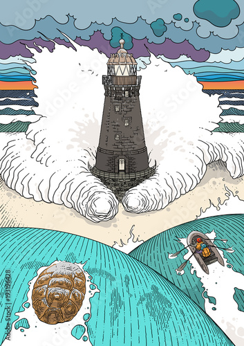 Stormy ocean landscape. Vector illustration with old lighthouse, storm waves and dramatic sky. People in lifeboat and turtle escape from natural disaster