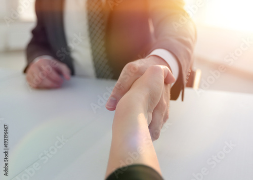 Friendly smiling business people handshaking after pleasant tal