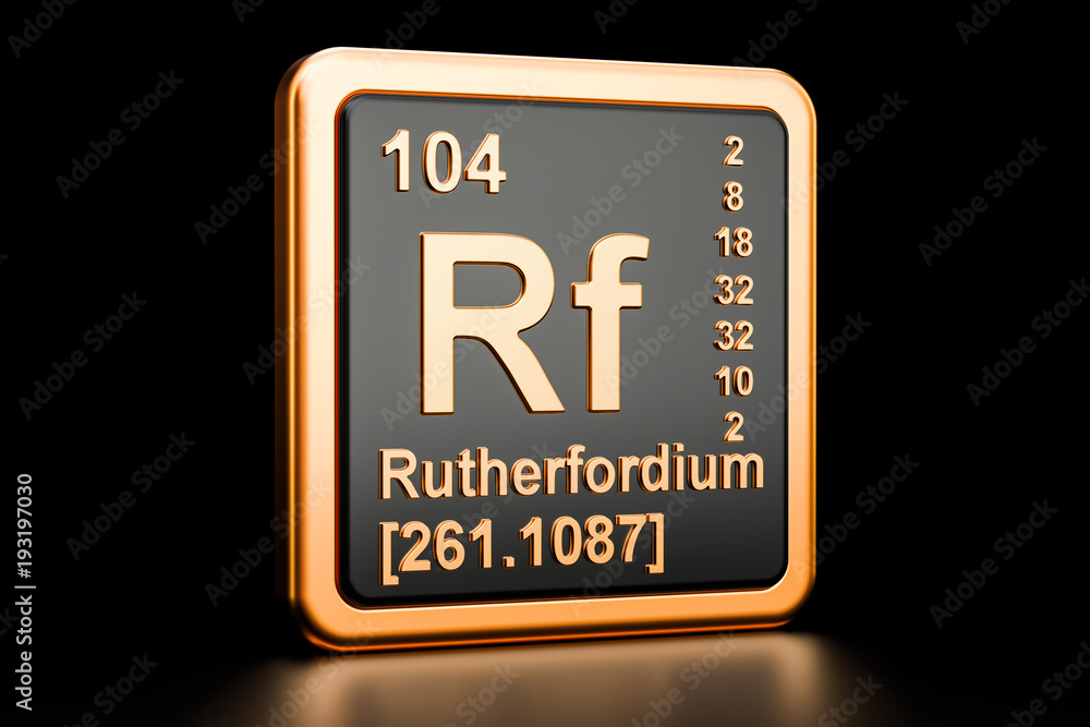 Rutherfordium Rf chemical element. 3D rendering