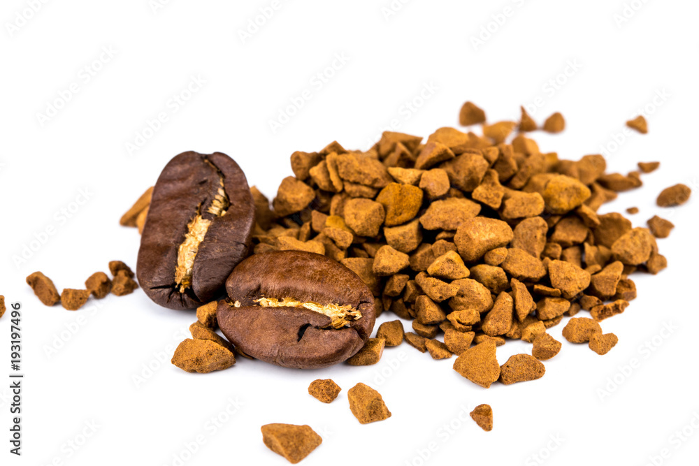 instant coffee and coffee bean over white background. Close up instant coffee and coffee bean over white background. Close up