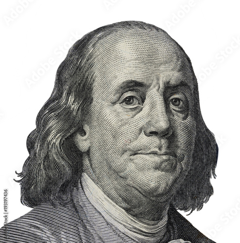 Benjamin Franklin. Qualitative portrait from 100 dollars banknote  Clipping path included photo