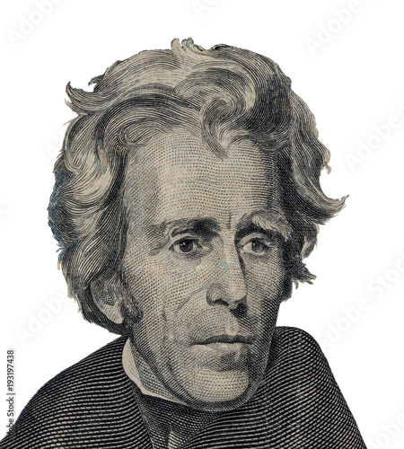 US President Andrew Jackson face on twenty dollar bill macro isolated, united states money closeup photo