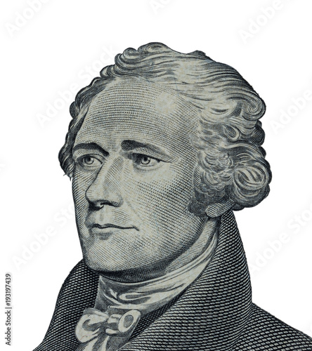Alexander Hamilton face on US ten or 10 dollars bill macro united states money closeup on white background