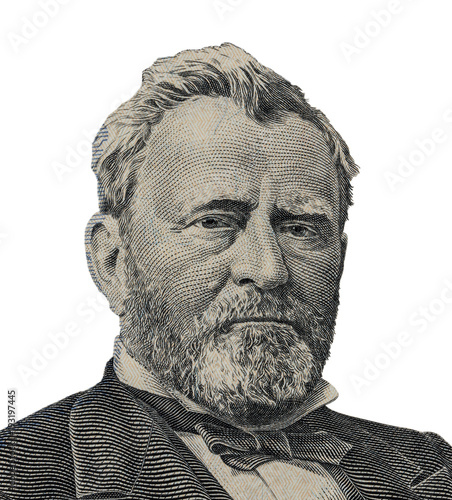 Portrait of U.S. statesman, inventor, and diplomat Ulysses S. Grant as he looks on fifty dollar bill obverse. Clipping path included