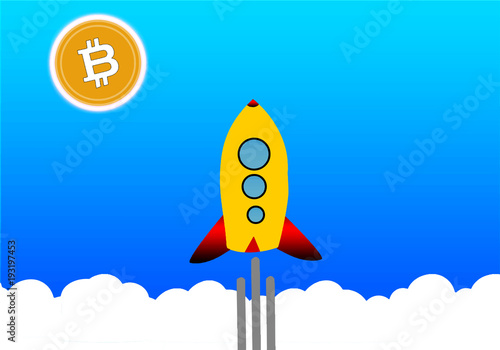 Cohete viajando al planeta bitcoin vector