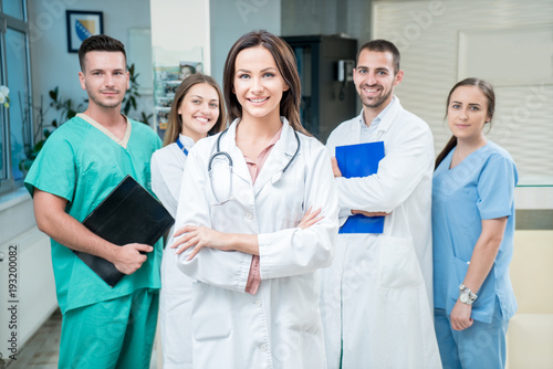 Group of medical staff smiling at the hospital