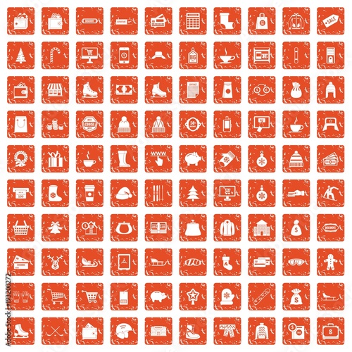 100 winter shopping icons set grunge orange