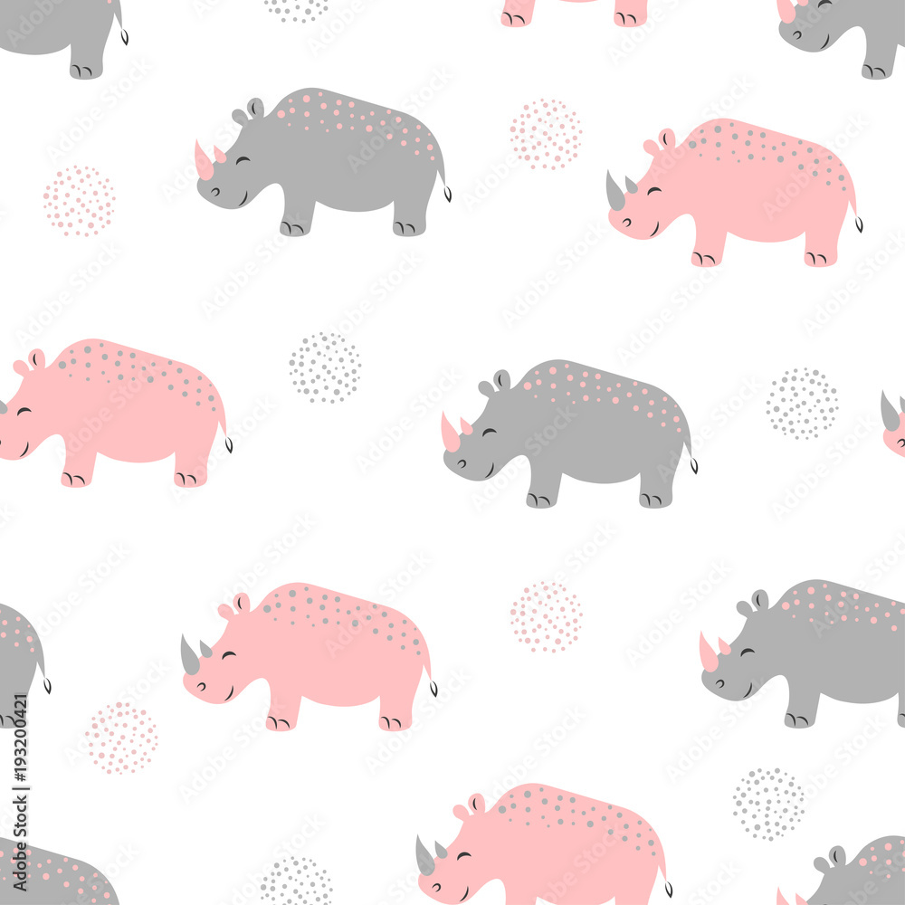 Seamless pattern with cute rhinoceros. Vector childish background for kids design.