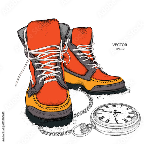 Stylish shoes. Youth shoes. Vector illustration and a pocket watch