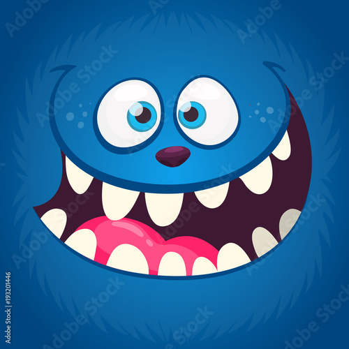 Angry funny cartoon monster face with a big mouth. Vector Halloween blue monster illustration