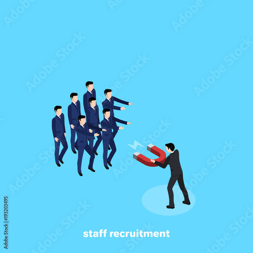 a man in a business suit using a magnet attracts staff, an isometric image