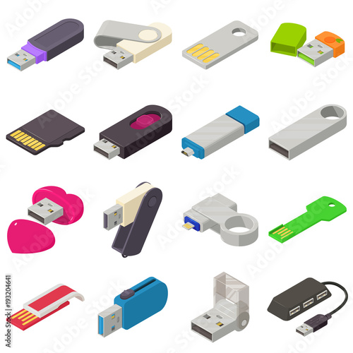 USB flash drive icons set, isometric style
