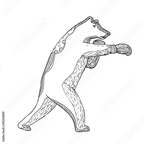 Doodle art illustration of a grizzly bear or brown bear boxer boxing viewed from side in black and white done in mandala style.