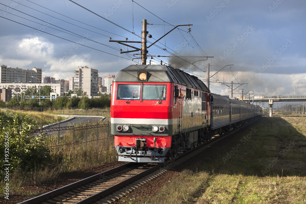 Train in city landscape.